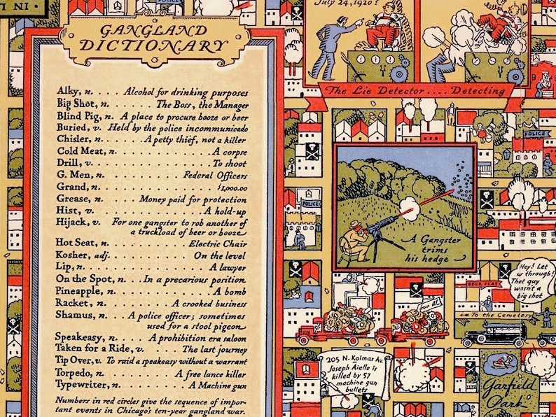 Op de afbeelding: Een vintage illustratie die een kaart van een stad toont met een woordenboek van slangtermen die in de jaren 1920 en 1930 werden gebruikt. De kaart toont een gangster die een machinegeweer vasthoudt, een rouwauto en een politieauto. Het woordenboek bevat termen als "Alky", "Big Shot", "Blind Pig", "Buried", "Chisler", "Cold Meat", "Drill", "G. Men", "Grand", "Grease", "Hist", "Hijack", "Hot Seat", "Kosher", "Lip", "On the Spot", "Pineapple", "Racket", "Shamus", "Speakeasy", "Taken for a Ride", "Tip Over", "Torpedo" en "Typewriter".