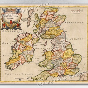 May include: An antique map of Roman Britain, showing the various regions and tribes of the island. The map is in a vintage style, with a yellowed paper background and hand-drawn lines. The title "Britannia Romana" is prominently displayed at the top of the map.