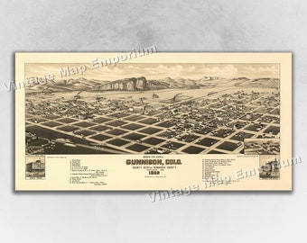 1882 Gunnison, Colorado Map - Panoramic Old City Map - Historic Birds Eye View Vintage Map Art Print