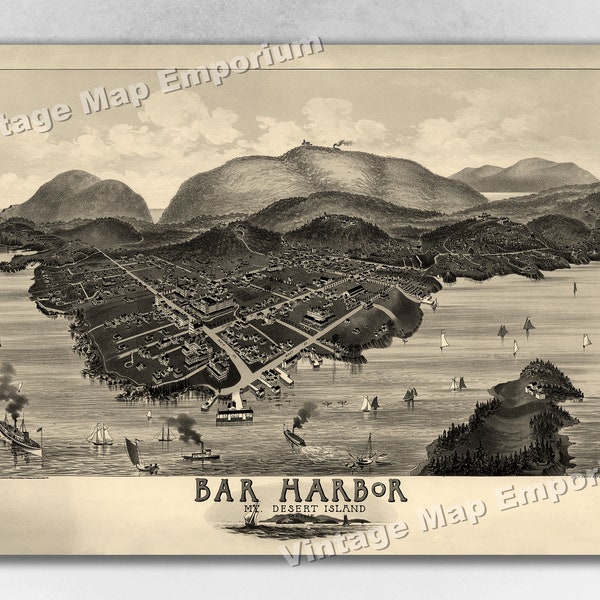 1886 Bar Harbor, Maine Map - Panoramic Old City Map - Historic Birds Eye View Vintage Map Art Print