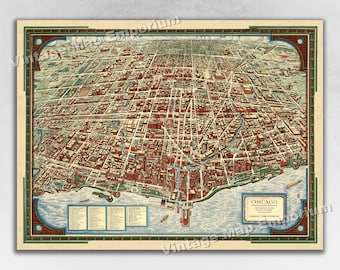 May include: A vintage aerial map of Chicago, Illinois, showing the city's layout and streets. The map is printed in a colorful style with red, green, and blue accents. The map is titled "Chicago" and includes the text "The Greatest Inland City in the World" and "Copyright Publication No. 1927."