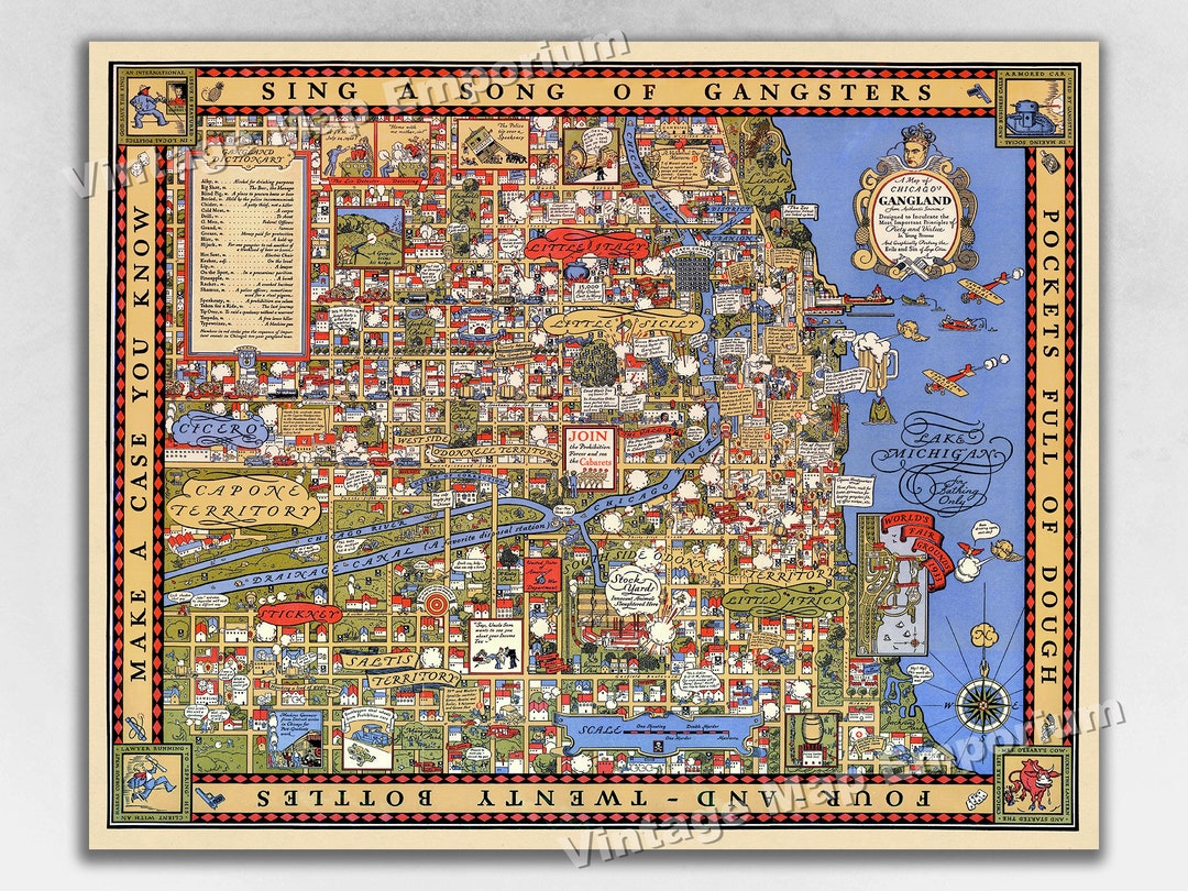 thumbnail image 2 of "A Map Of Chicago’s Gangland" Vintage Style Pictorial Map Poster - 16x20 - Reproduction 2 of 6