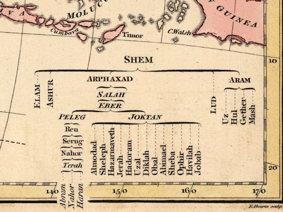 1818 Map of the World as Peopled by Descendents of Noah - Vintage