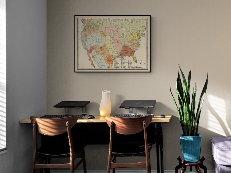 May include: A vintage map of the United States showing the language groups of Native American tribes, framed in black and hanging on a beige wall. The map is surrounded by a desk with two chairs, a potted snake plant, and a lamp.
