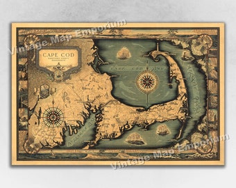 May include: An antique map of Cape Cod, Massachusetts, featuring a compass rose and a detailed coastline. The map is printed on aged paper with a vintage aesthetic.