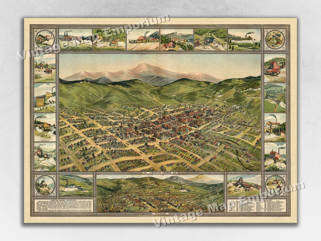 1896 Cripple Creek, Colorado Map Panoramic Old City Map Historic Birds