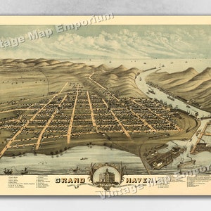 1874 Grand Haven, Michigan Map - Panoramic Old City Map - Historic Birds Eye View Vintage Map Art Print