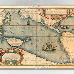 1589 Map of the Pacific Ocean with America - Vintage Style Old World Map Print Poster