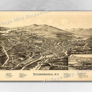 1891 Ticonderoga, New York Map - Panoramic Old City Map - Historic Birds Eye View Vintage Map Art Print