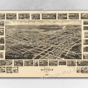 1907 Suffolk, Virginia Map - Panoramic Old City Map - Historic Birds Eye View Vintage Map Art Print