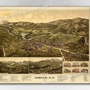 May include: An antique bird's-eye view map of Gorham, New Hampshire, printed in 1888. The map shows the town's layout, including streets, buildings, and the surrounding landscape. The map is in a vintage style with a faded color palette.