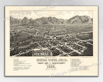 1882 Buena Vista, Colorado Map - Panoramic Old City Map - Historic Birds Eye View Vintage Map Art Print