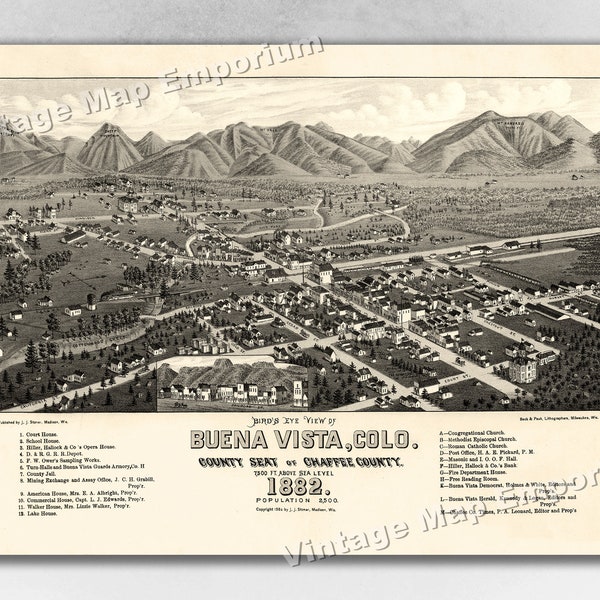 1882 Buena Vista, Colorado Map - Panoramic Old City Map - Historic Birds Eye View Vintage Map Art Print