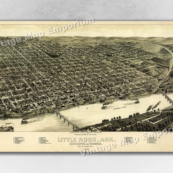 1887 Little Rock, Arkansas Old Panoramic City Map - Historic Birds Eye View Vintage Map Art Print