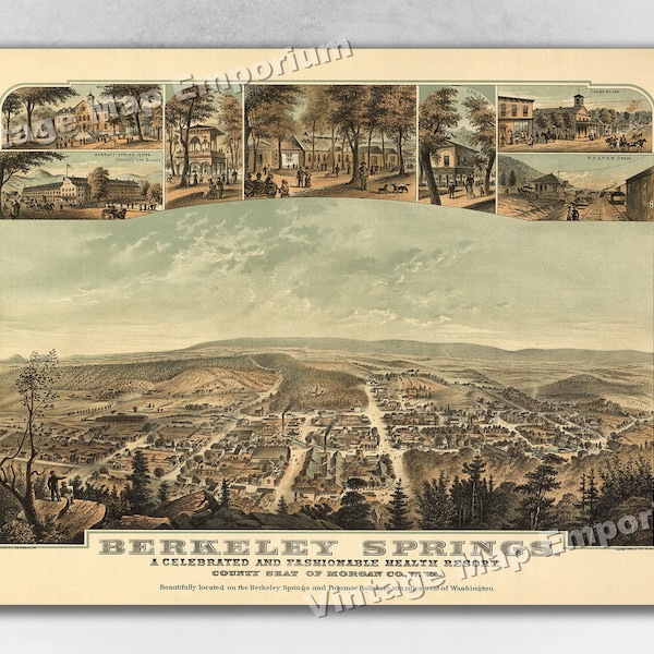 1889 Berkeley Springs, West Virginia Map - Panoramic Old City Map - Historic Birds Eye View Vintage Map Art Print