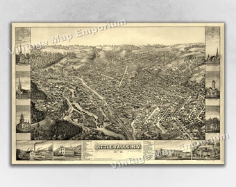 1881 Little Falls, New York Map - Panoramic Old City Map - Historic Birds Eye View Vintage Map Art Print