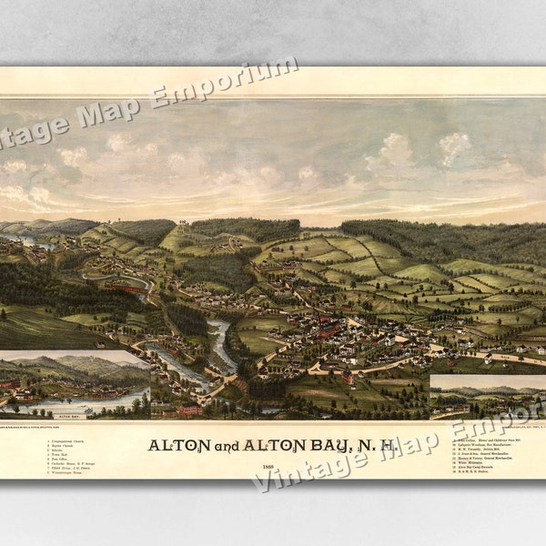 1888 Alton, New Hampshire Map - Panoramic Old City Map - Historic Birds Eye View Vintage Map Art Print