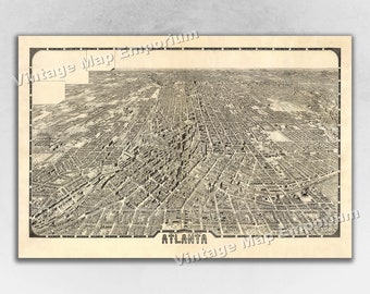 May include: A vintage black and white aerial map of Atlanta, Georgia. The map shows the city's streets and buildings in detail. The text "ATLANTA" is printed in the lower center of the map.