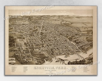 1886 Knoxville, Tennessee Map - Panoramic Old City Map - Historic Birds Eye View Vintage Map Art Print