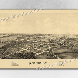 1890 Rockton, New York Map - Panoramic Old City Map - Historic Birds Eye View Vintage Map Art Print