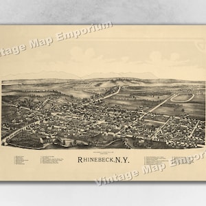 1890 Rhinebeck, Nueva York Mapa - Mapa panorámico de la ciudad vieja - Historic Birds Eye Ver vintage Map Art Print