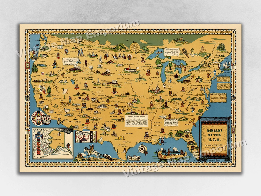 Native North American Indian Tribe Map - 1944 Indians of the USA