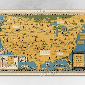 Native North American Indian Tribe Map - 1944 Indians of the USA  - American History Poster - Spirit Nation Tribal Print - Wall Art Decor