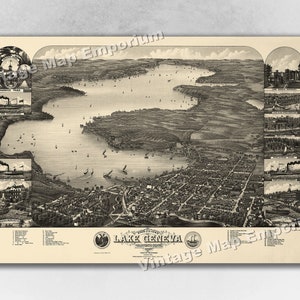 1882 Lake Geneva, Wisconsin Map - Panoramic Old City Map - Historic Birds Eye View Vintage Map Art Print