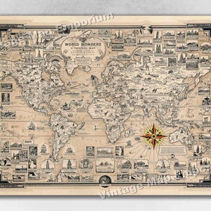 May include: A vintage world map with a pictorial guide to world wonders. The map is printed in black and white on a beige background. The map shows the continents of the world and includes a compass rose. The map is surrounded by a black border.