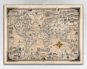 1939 World Wonders Map - World Map Poster Print - Vintage Pictorial Map Poster Art Print