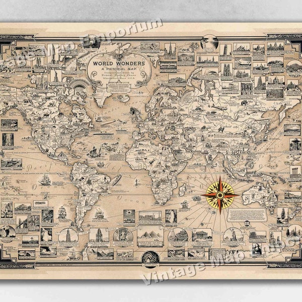 1939 World Wonders Map - World Map Poster Print - Vintage Pictorial Map Poster Art Print