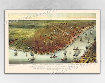 May include: An antique map of New Orleans, Louisiana, showing the city and the Mississippi River. The map is printed in a vintage style with a light brown background and a detailed illustration of the city.
