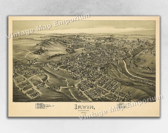 1897 Irwin, Pennsylvania Map - Panoramic Old City Map - Historic Birds Eye View Vintage Map Art Print