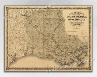 1863 Colton's Map of Louisiana & Texas Historic Map Art Print