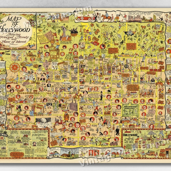 1928 Hilarious Map of Hollywood Vintage Pictorial Map - Vintage Pictorial Wall Map of the Stars Art Print Poster