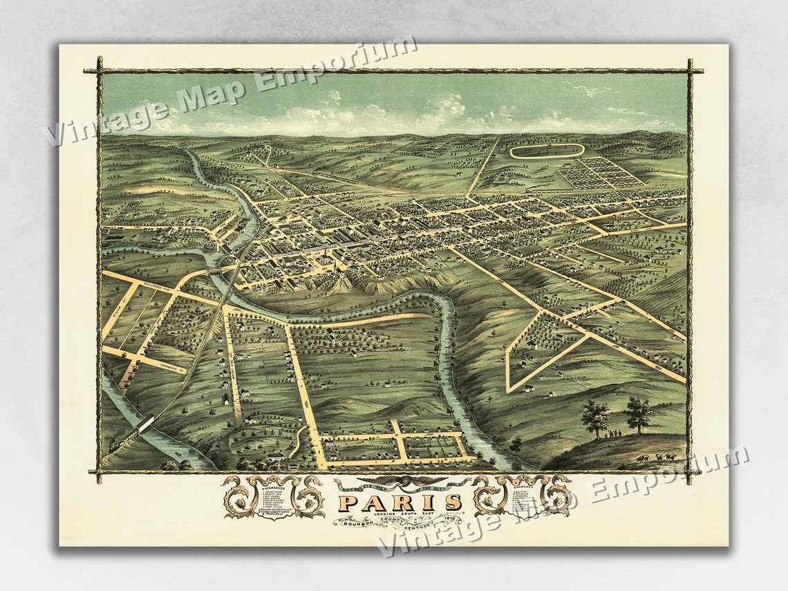1870 Paris Kentucky Map Panoramic Old City Map Historic Etsy