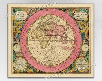 Puede incluir: Un mapa del mundo antiguo con fondo rosa y bordes ornamentados. El mapa muestra los continentes de Europa, Asia, África, América del Norte y América del Sur. El mapa está rodeado por un marco decorativo con una brújula y otros símbolos náuticos.