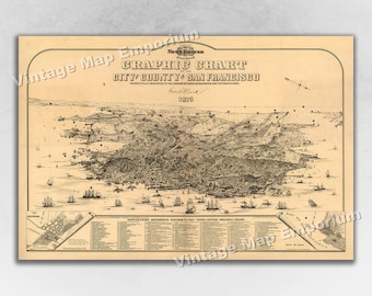 1875 San Francisco, California Old Panoramic City Map - Historic Birds Eye View Vintage Map Art Print