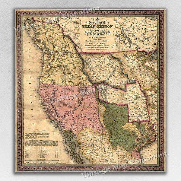 1846 Historic Map of Texas Oregon & California Western US - Map Art Print