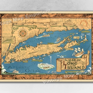 1933 Map of Long Island - Vintage Pictorial Map of New York, Manhattan,  and Long Island - Vintage Old NYC Wall Decor Map Art Print Poster