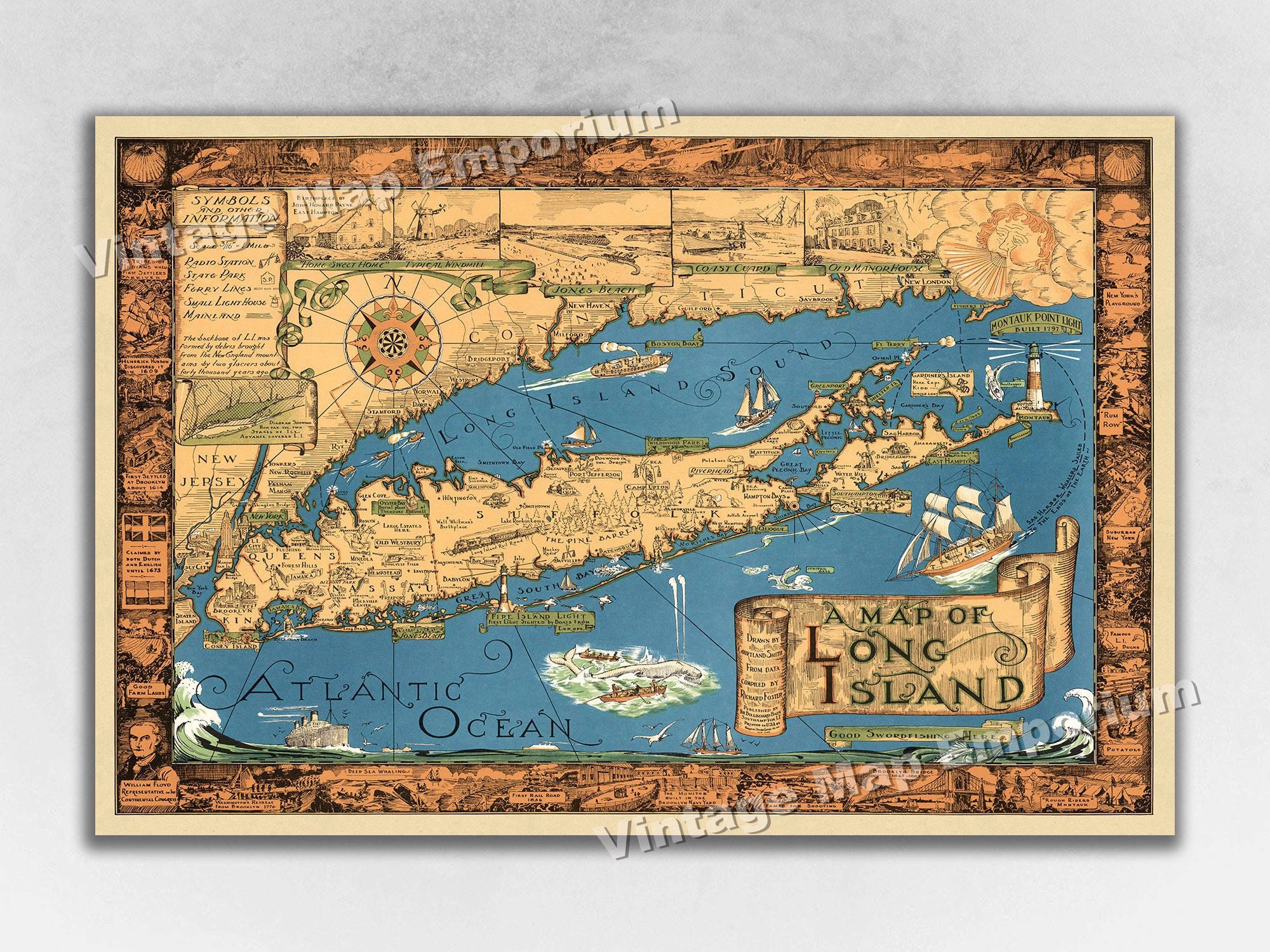 PHILIPS AUTHENTIC IMPERIAL MAPS イラン・イラク 1933 Map of Long Island - Vintage Pictorial Map of New York