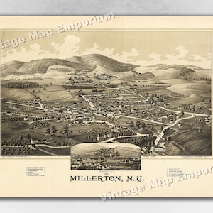 1887 Millerton, New York Map - Panoramic Old City Map - Historic Birds Eye View Vintage Map Art Print