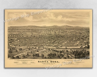 1879 Santa Rosa, California Old Panoramic City Map - Historic Birds Eye View Vintage Map Art Print