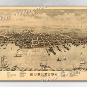 May include: An antique map of Muskegon, Michigan, showing the city's layout and surrounding waterways. The map is printed in black and white on a cream-colored paper. The map is titled "Muskegon, Michigan" and includes a key with numbered points of interest.