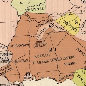 May include: A map showing the locations of Native American tribes in the southeastern United States. The map is divided into different colored regions, each representing a different tribe. The tribes are labeled with their names and numbers. The map is dated 1818.