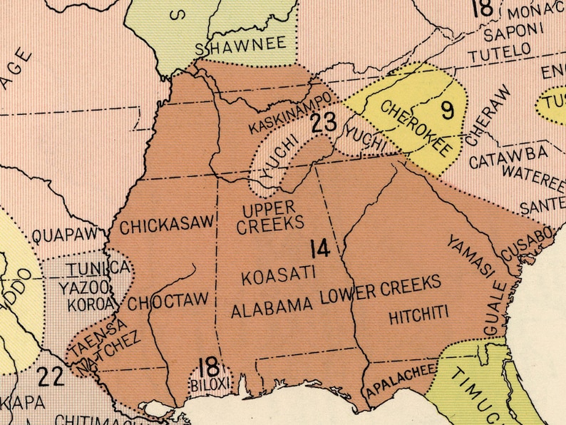 May include: A map showing the locations of Native American tribes in the southeastern United States. The map is divided into different colored regions, each representing a different tribe. The tribes are labeled with their names and numbers. The map is dated 1818.