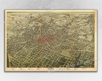 1892 Atlanta, Georgia Map - Panoramic Old City Map - Historic Birds Eye View Vintage Map Art Print