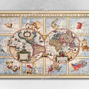 1615 World and Zodiac Map - Unusual Astrology Historic Old World Zodiac Map Art Print