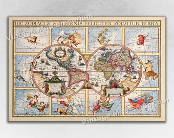 Puede incluir: Un mapa del mundo vintage con signos del zodíaco que lo rodean. El mapa es de forma circular y muestra los continentes de América del Norte, América del Sur, Europa, Asia y África. Los signos del zodíaco se representan en los cuadrados circundantes, cada uno con una constelación diferente y una inscripción latina.