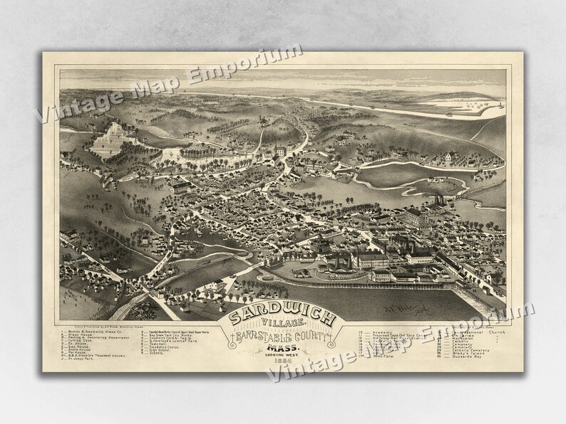 1884 Sandwich Village Massachusetts Map Panoramic Old City - Etsy